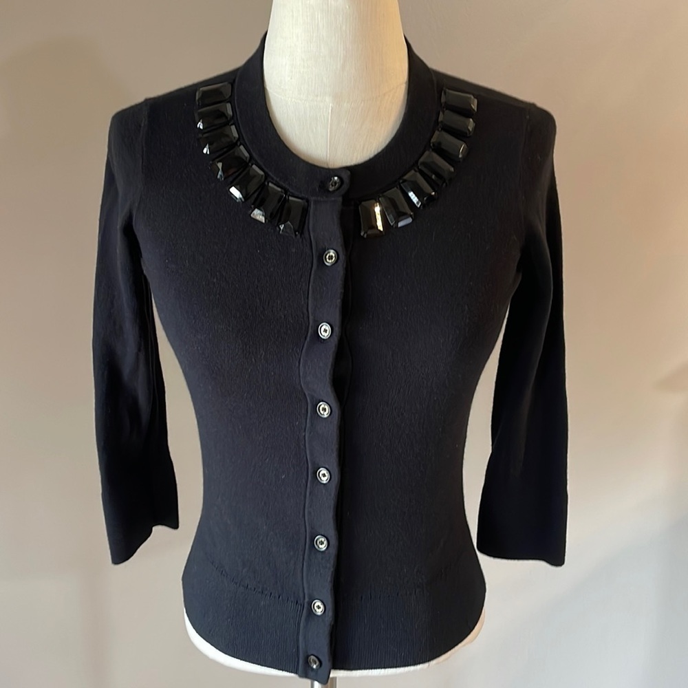 KATE SPADE black sweater knit cardigan JEWELED embellished neckline cashmere XS